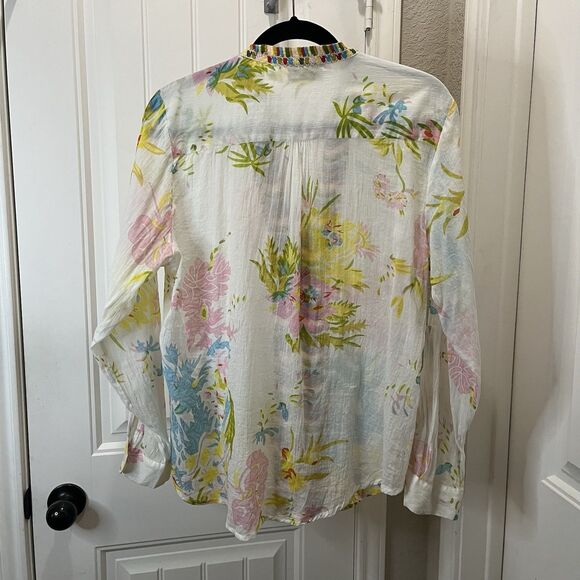 Magazine Floral Sheer Boho Embroidered V Neck Blouse Top Size L Roll Tab Sleeve - Picture 8 of 11